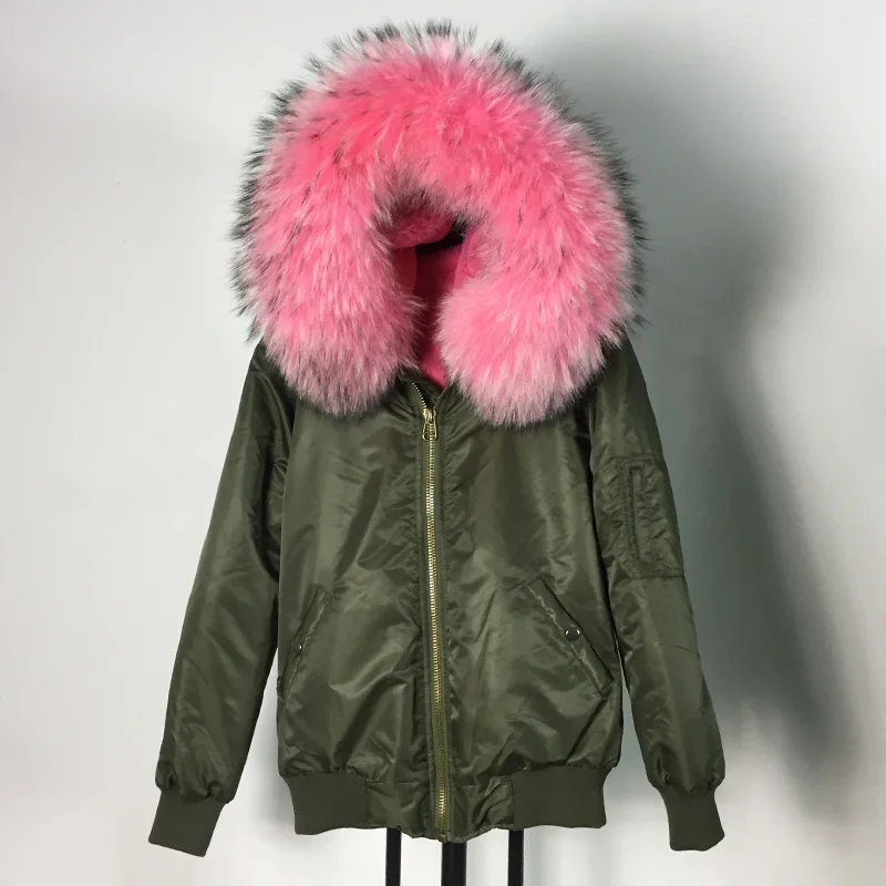 Высококачественная водонепроницаемая верхняя одежда на молнии с воротником из меха енота, пальто с капюшоном, розовая Меховая куртка-бомбер