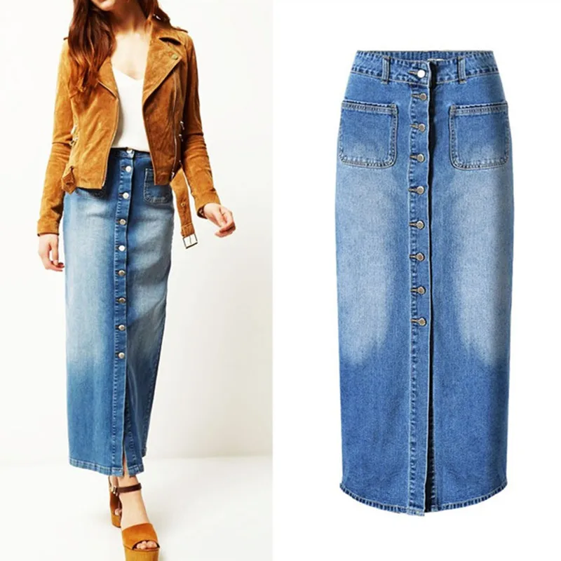 2019 women clothing high waist split pure cotton washed denim pencil skirt Female fashion vintage slim Midi long jean skirts | Женская