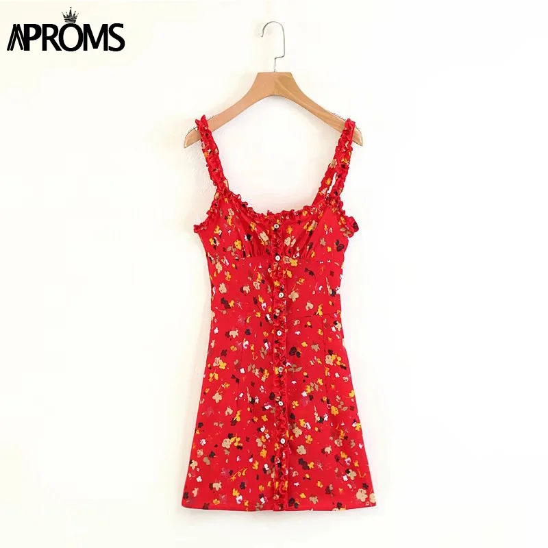 Aproms/короткое шифоновое платье с красными оборками и цветочным принтом; женские летние туфли с ремешками; облегающее платье; 90 s; кнопки для девочек; мини-платья Vestidos - Цвет: Красный