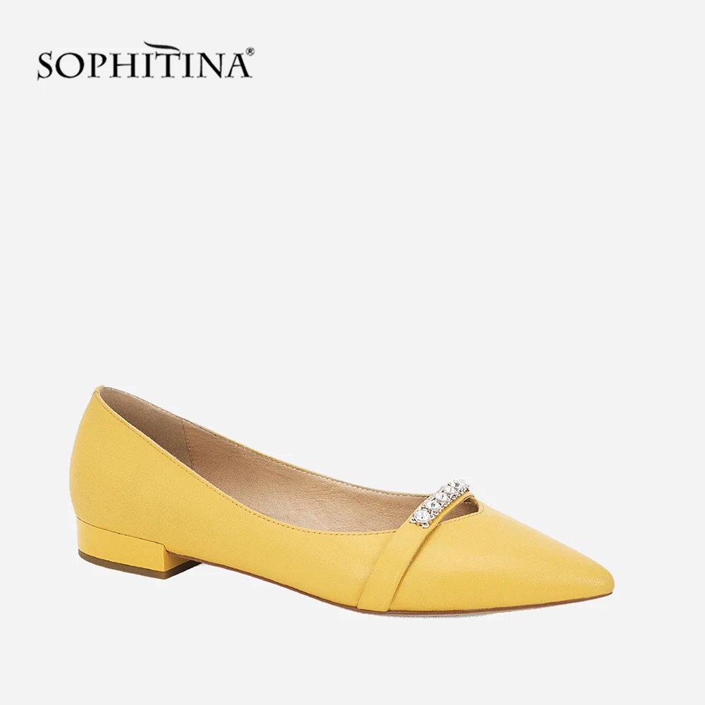 yellow SOPHITINA/Желтые женские туфли из натуральной кожи с острым носком на плоской подошве без застежки; повседневные модельные туфли для деловой женщины со стразами; коллекция года; сезон осень; P8 - Цвет: yellow