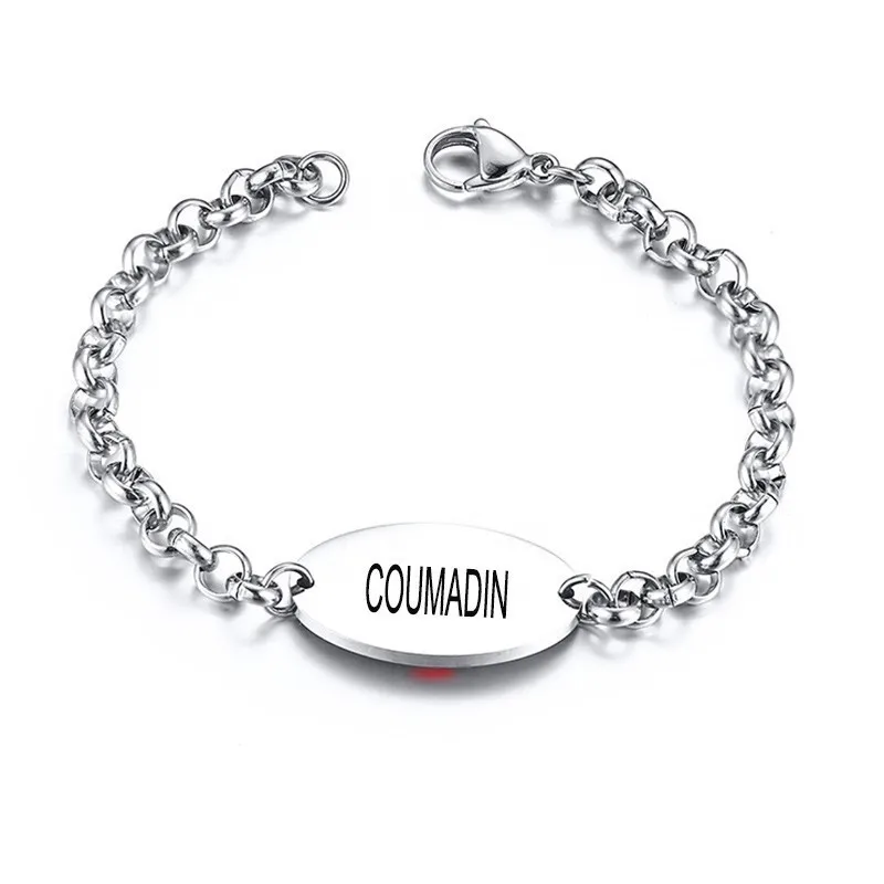 COUMADIN Vnox, 1 тип, медицинские браслеты для диабета, для женщин и мужчин, гравировка, нержавеющая сталь, ID тег, кабельная цепочка, ювелирные изделия - Окраска металла: COUMADIN