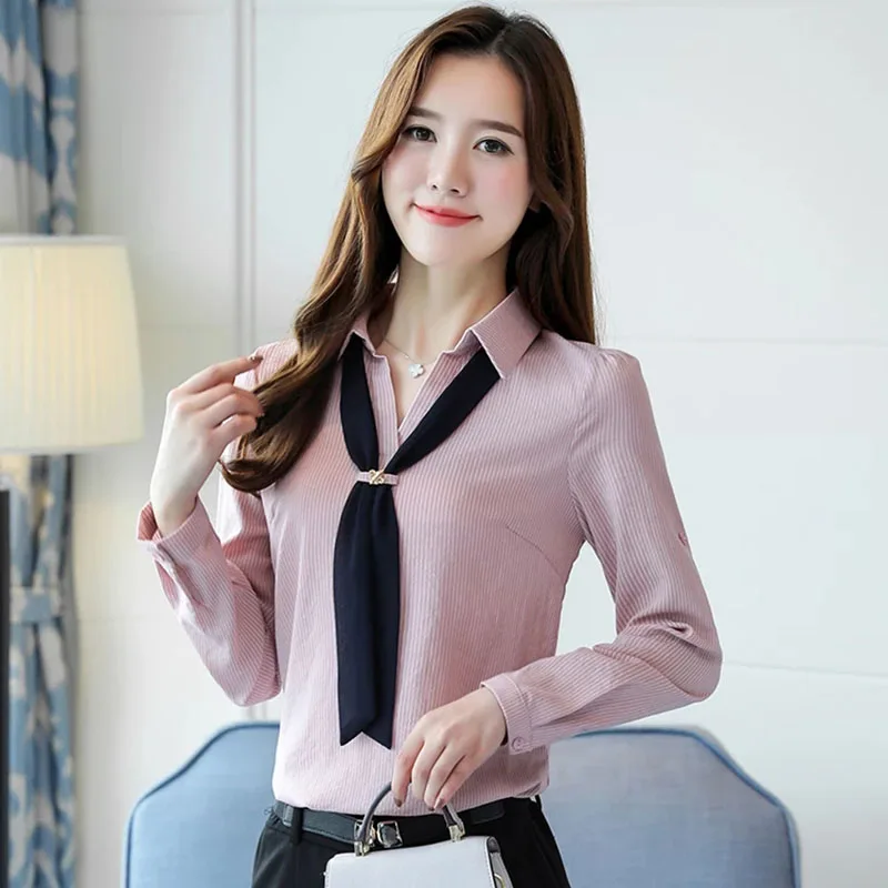 Formal Office Ladies Tops Striped Print Turn-Down Collar Ties Chiffon Blouses Women Shirt wear DD2344