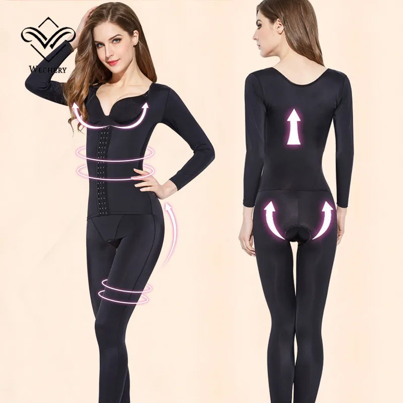 Wechery Shaper женское корректирующее белье глаза и крючок для похудения боди Полная длина с длинным рукавом для тела Shaper открытая промежность