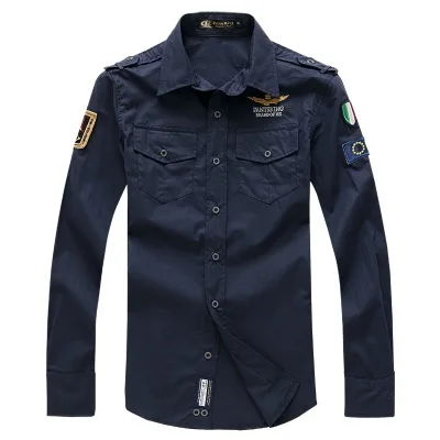 dark blue YSUGUOJI, новинка, осенняя рубашка в Военном Стиле, модная, Италия, ВВС, эполет, вышивка, рубашка, мужская, облегающая, с длинным рукавом, рубашки - Цвет: dark blue