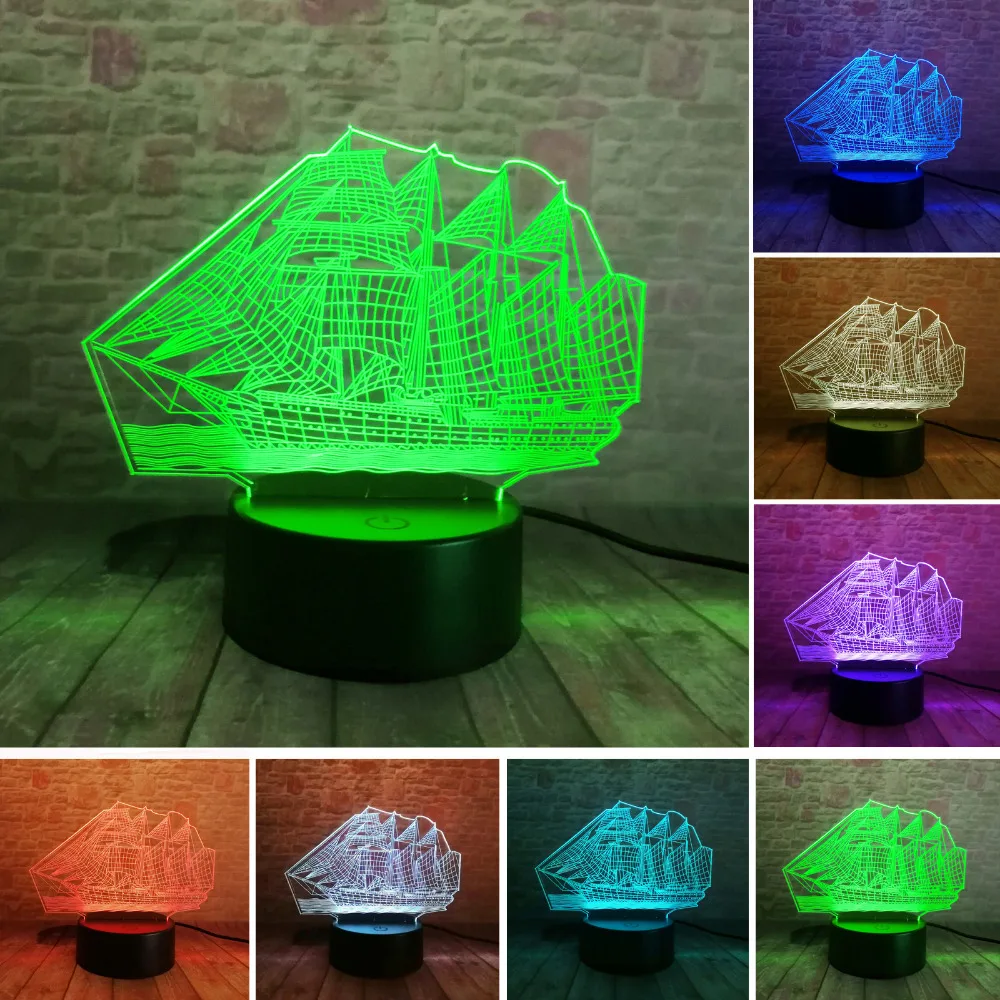 Креативный 3D ночник для парусной лодки USB светодиодный настольный светильник 7