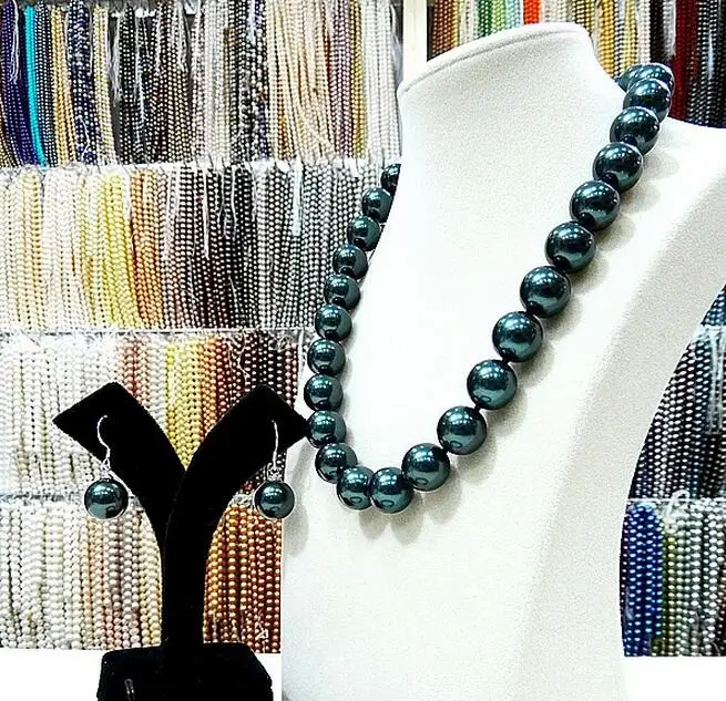 Women Jewelry Set 12-16mm round bead dark green real natural south sea shell pearl necklace dangle hook earring | Украшения и
