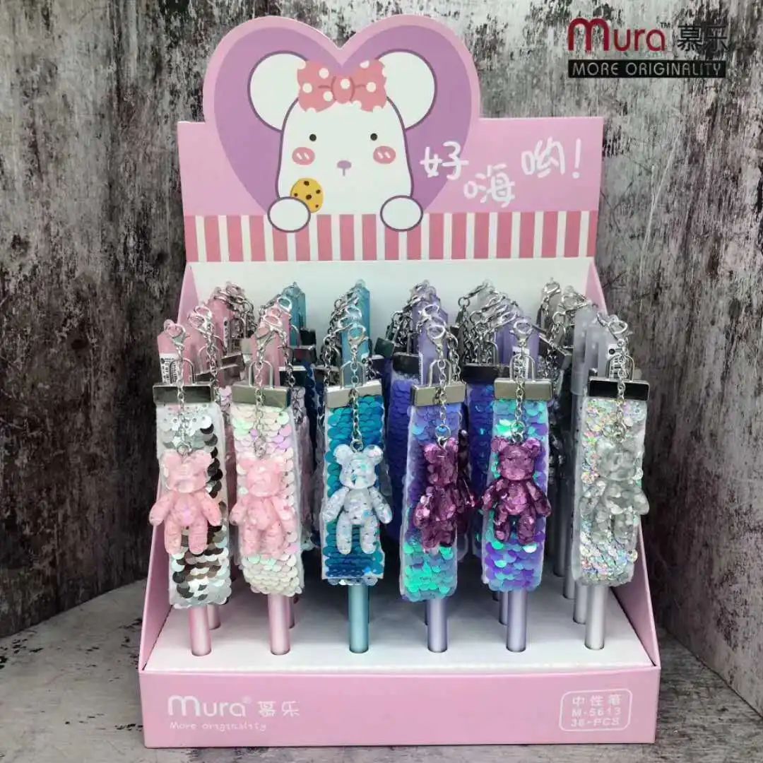 36 pcs Gel Pens Cartoon Sequined bear pendant black gel ink pens pens for writing Cute stationery office school supplies 0.5mm