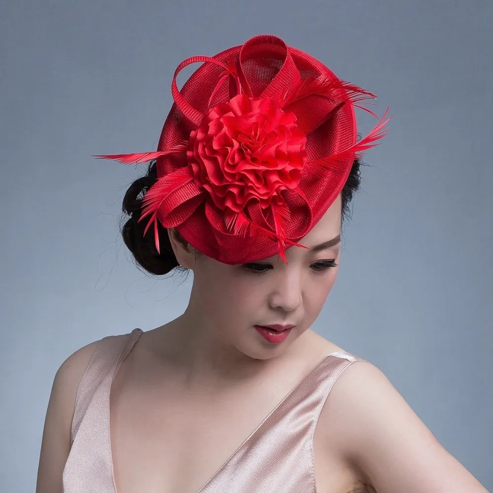 Красный Women Chic Fascinator Hat Cocktail Wedding Party Church Headpiece kentucky Headwear Feather Hair Accessories Sinamay Fascinators - Цвет: Красный