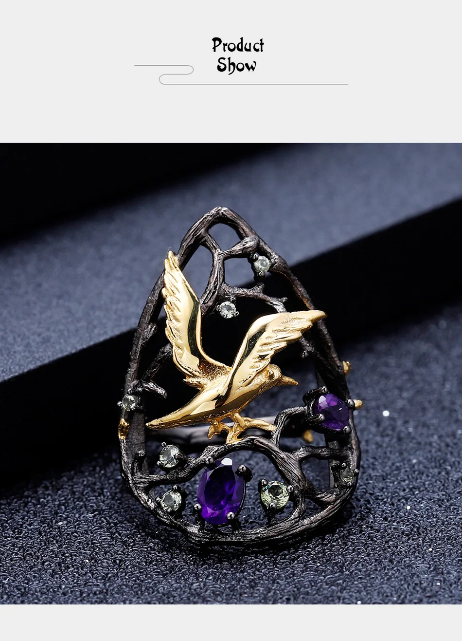 GEM'S балетные костюмы 925 пробы Серебряное кольцо с камнями 0.6Ct натуральный Швейцарский Голубой Топаз ручной работы Птица на дереве кольца для женщин Bijoux