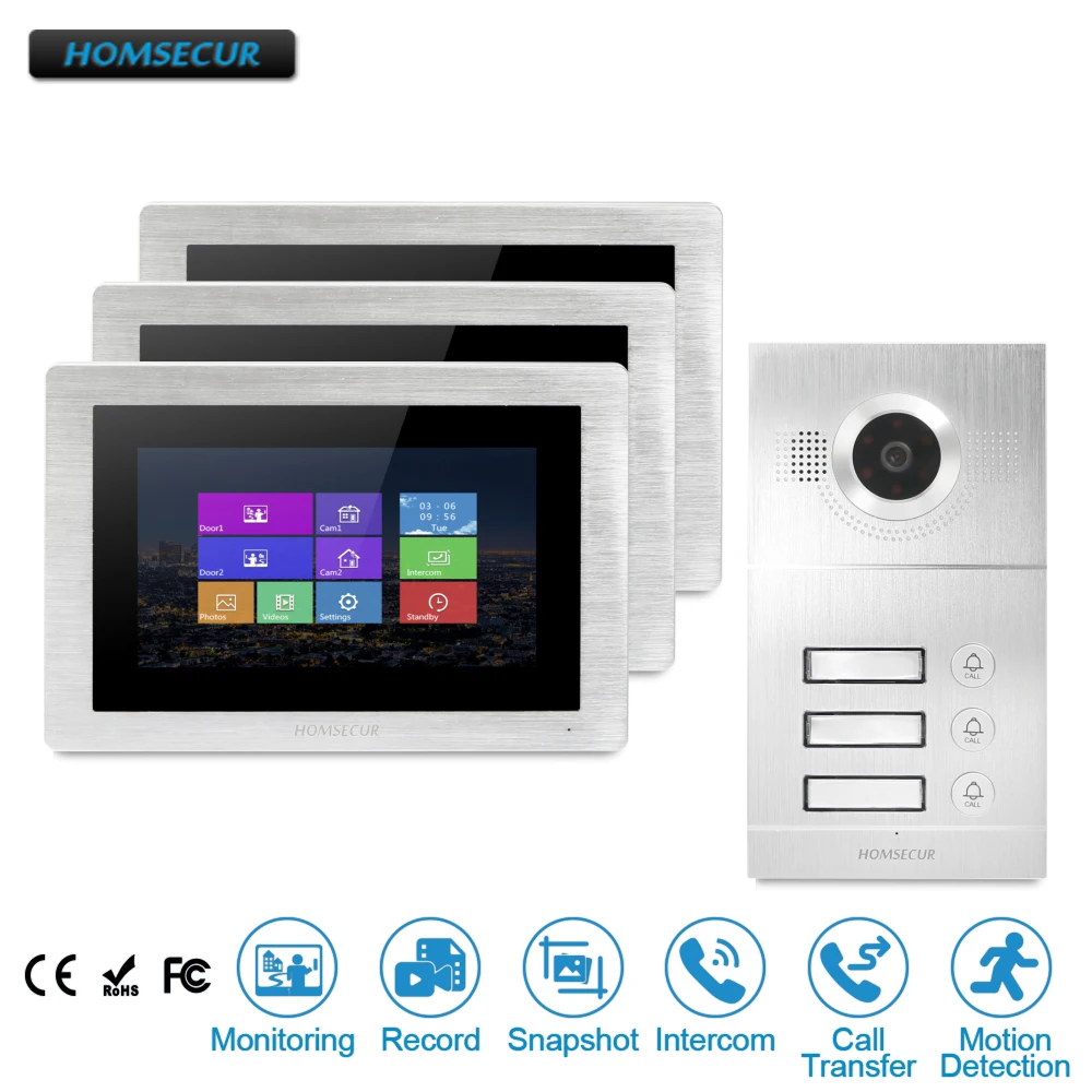 

HOMSECUR 7" Video&Audio Home Intercom with Motion Detection for 3 Apartment BC121-3S+BM714-S