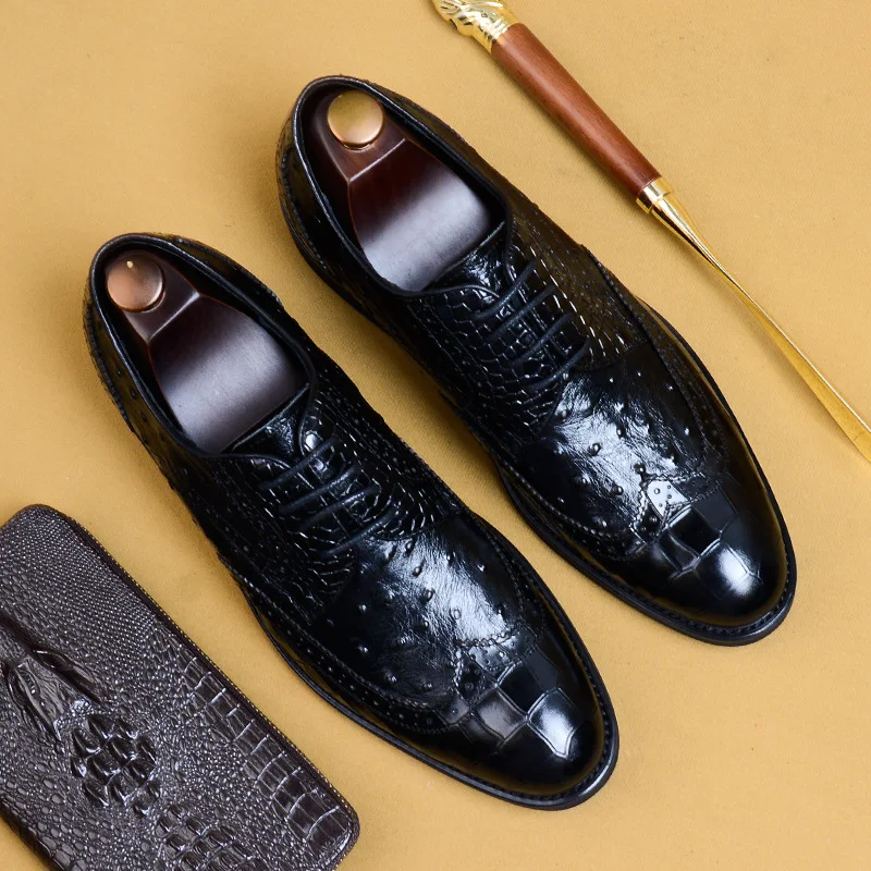 

Zapatos Hombre Black Brown Crocodile Pattern Genuine Leather Lace Up Men Dress Casual Business Office Pointed Toe Shoes