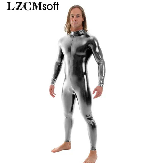 Grey LZCMsoft мужские блестящие металлические Косплей Unitard полное тело зентай костюм основные сценические костюмы на молнии спереди Боди Колготки - Цвет: Grey