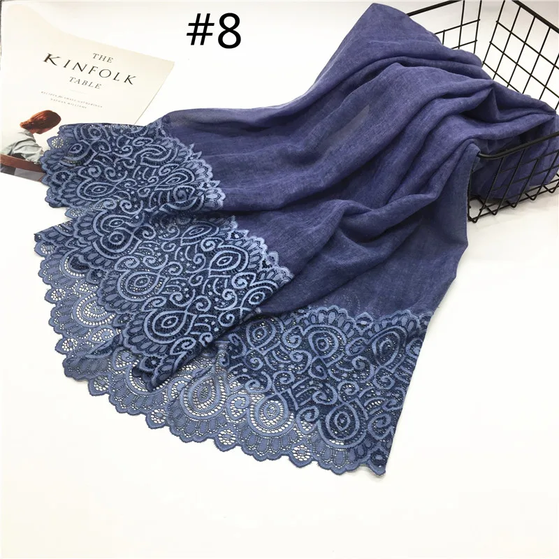 Fashion luxury floral lace with plain solid viscose shawl foulard muslim echarpe women scarf hijabs bandana 10pcs fast shipping |