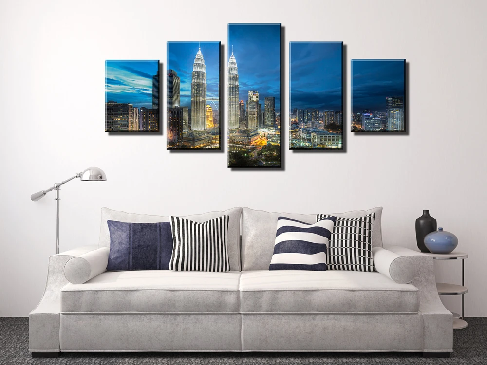 Fallout Wall Art Views Of The Twin Towers City At Night 5 Panels/set Hd Canvas Print Painting Artwork .decorative | Дом и сад