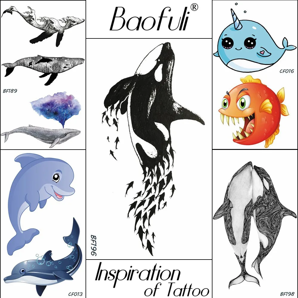Водонепроницаемые Детские татуировки Baofuli Black Dolphin Whale Временная наклейка с