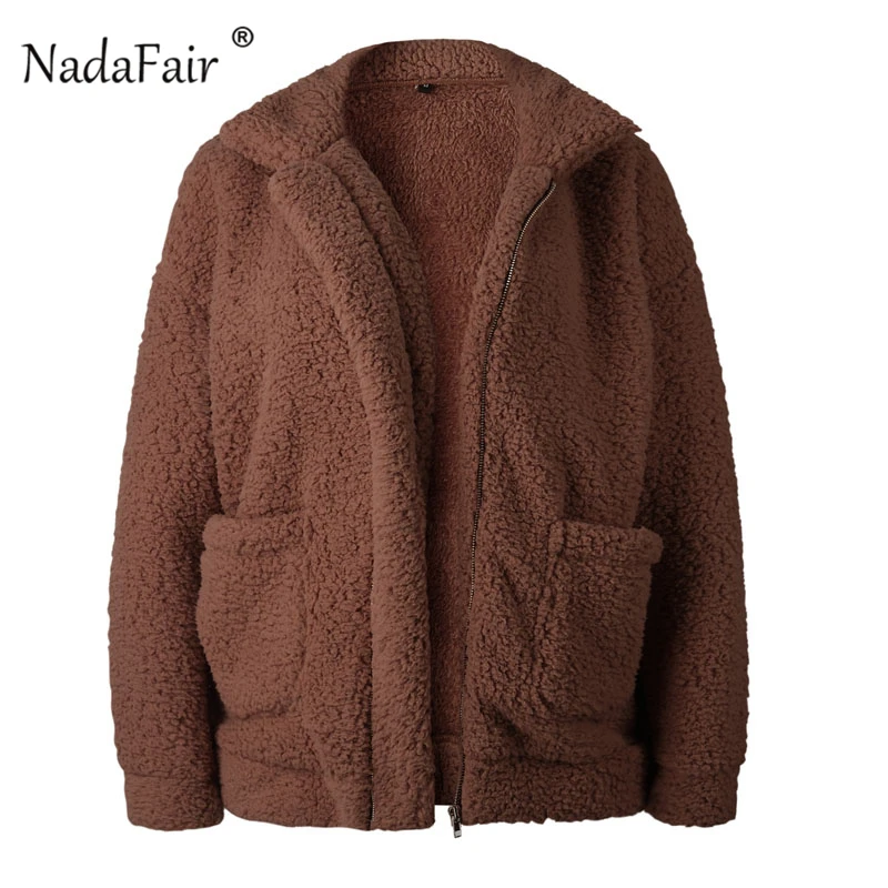 Nadafair, женское плюшевое пальто из искусственного меха, овечья шерсть, карман, Осеннее пушистое меховое пальто размера плюс, зимняя женская плюшевая куртка с отложным воротником