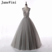janevini gray mother of the bride dresses deep v neck ball gown with lace appliques beaded sheer back tulle formal evening gowns