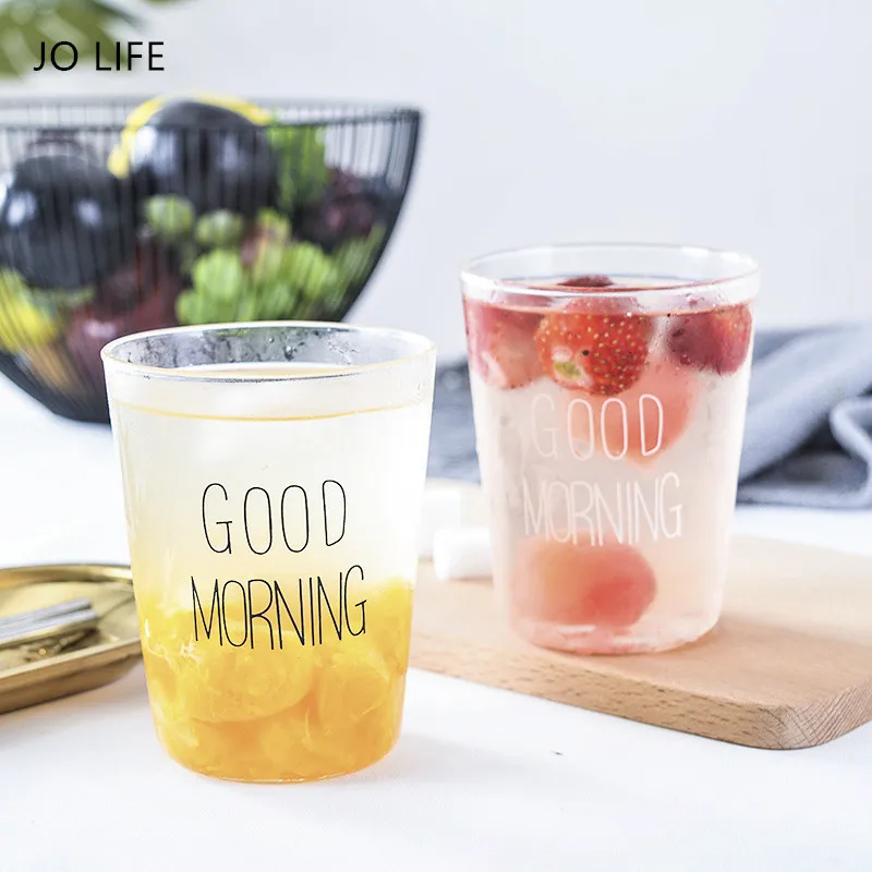 Прозрачная кофейная чашка JO LIFE 1 шт. 300 мл черная/белая с принтом доброе утро