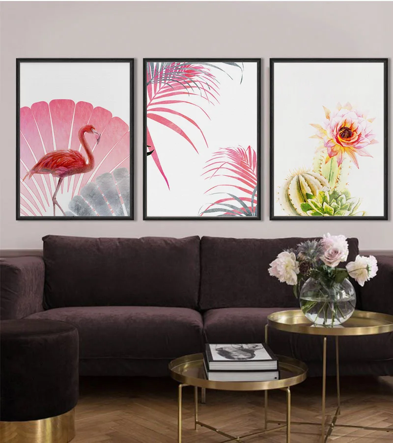 Pink Flower Peony Leaf Cactus Flamingo Wall Art Canvas Painting Nordic Posters and Prints Pictures for Living Room Decor | Дом и сад