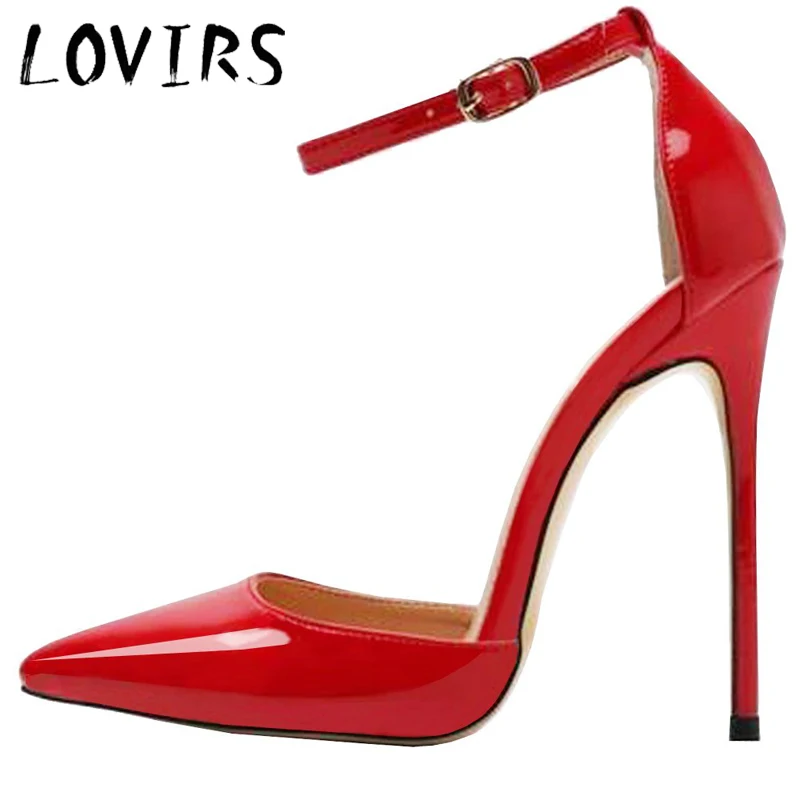 Red Lovirs/женские туфли-лодочки на высоком каблуке с острым носком и ремешком на щиколотке; лакированные свадебные туфли - Цвет: Red