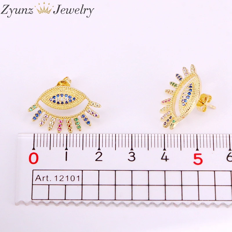

3Pairs, Gold Stud Earrings Trendy Eye Shape Zirconia Rainbow Earrings Colorful Fashion Jewelry For Women Girl