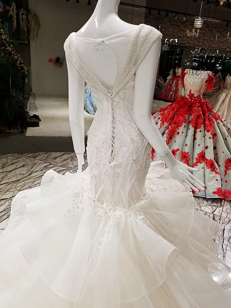 LS39458 luxury mermaid wedding dress 2018 v-neck cap sleeve lace up illusion fashion back for with long train | Свадьбы и торжества