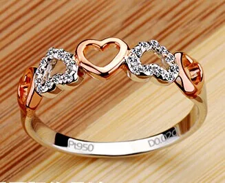 Женское кольцо с сердечком позолоченное из розового золота принтом PT950|sterling silver
