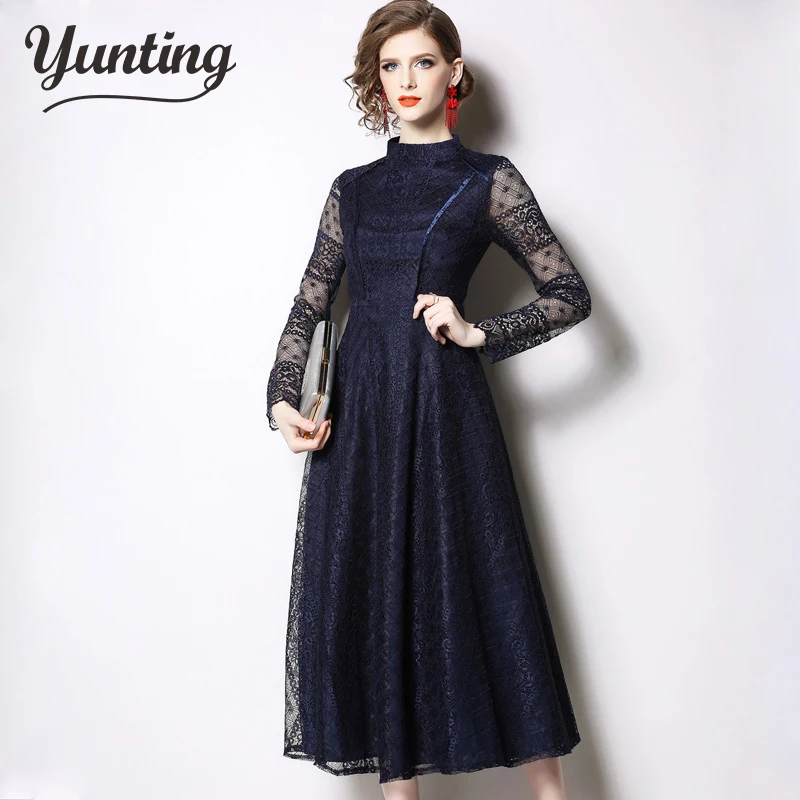 

2021 Womens Dress Stand Collar Long Sleeve Hollow Out High Quality Elegant Office Lady Lace Dress Vestidos