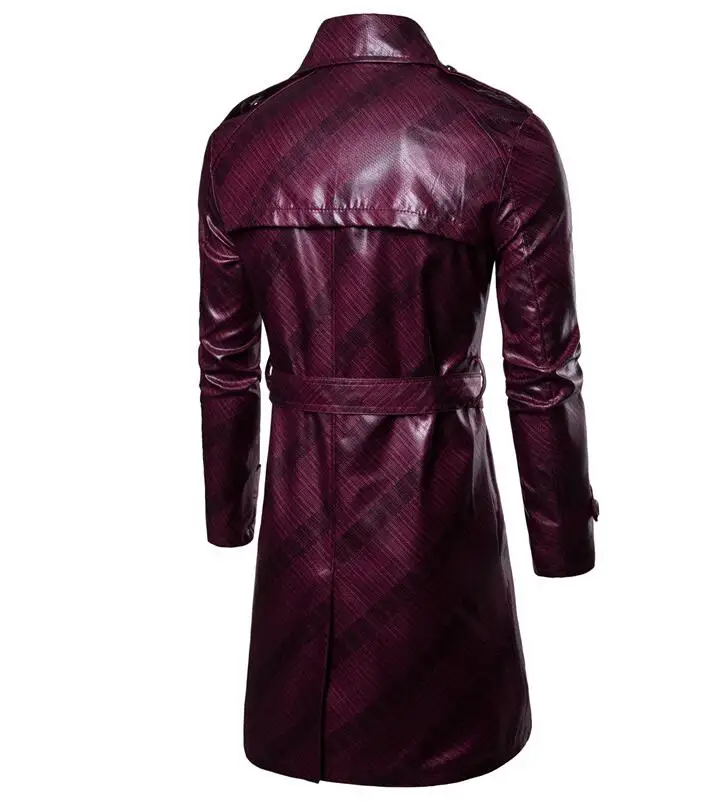 Мужской двубортный Тренч красное и синее пальто из искусственной кожи с длинным