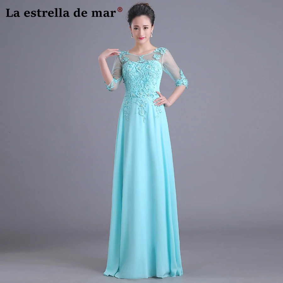 Vestido de madrinha de casamento longo Последние Кружева жемчуг и шифон половинные рукава линия бирюзовое платье для подружки неветы дешево