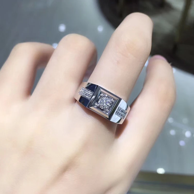 Роскошное кольцо Moissanite, 14 к, белое золото, 1CT, круглая огранка, искусственный бриллиант, браслет для мужчин, свадебные мужские украшения