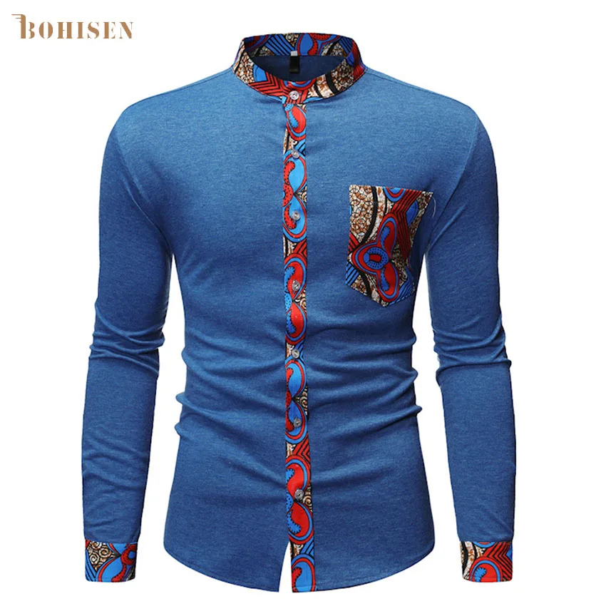 BOHISEN African Print Cotton Shirt For Men New High Stand Collar Patchwork Button Top T-shirt Slim Fitted Men's Kente Clothing |