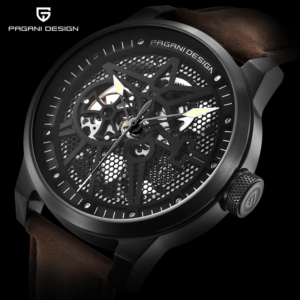 PAGANI Дизайн бренд класса люкс полые автоматические Mechanica lWatch для мужчин Классический Скелет Водонепроницаемый 30 м натуральная кожа часы saat