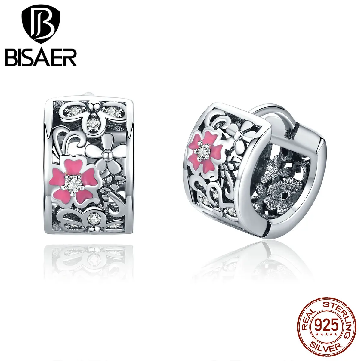 BISAER модные 925 пробы серебряные серьги в форме маргаритки гвоздики цветущая вишня