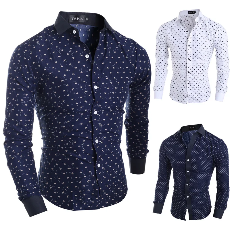 2015 новый бренд Звездные сердца принты модные мужские рубашки с длинным рукавом