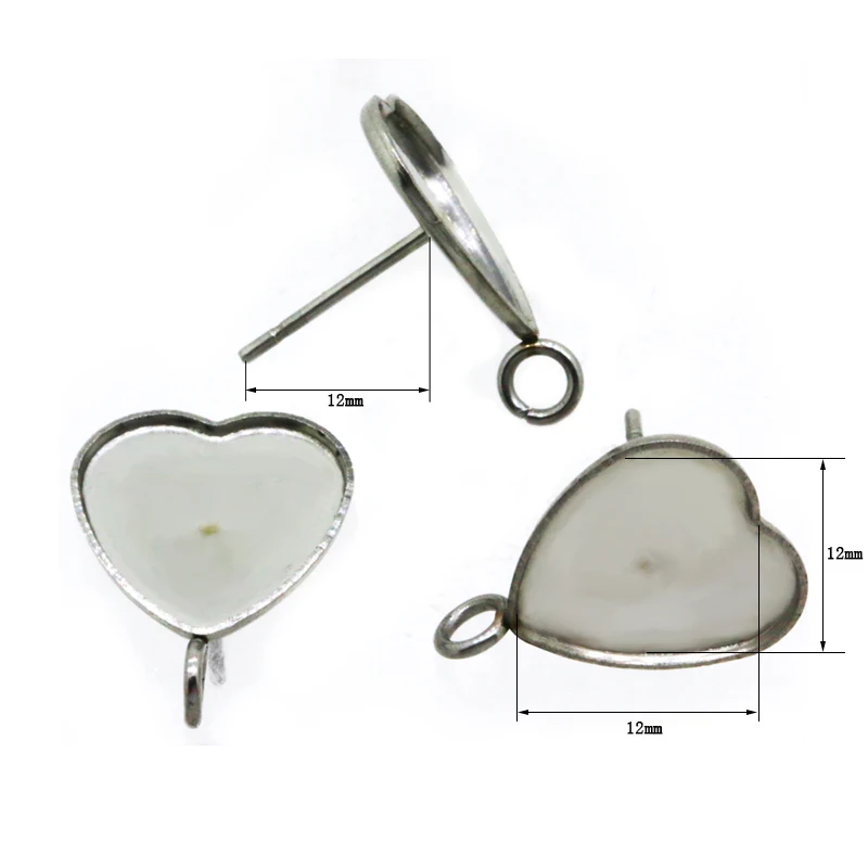 

Stainless Steel Earrings Post with Loop Connectors 10mm 12mm Heart Bezel Glass Cameo Base Blanks Ear Stud Earrings Findings DIY