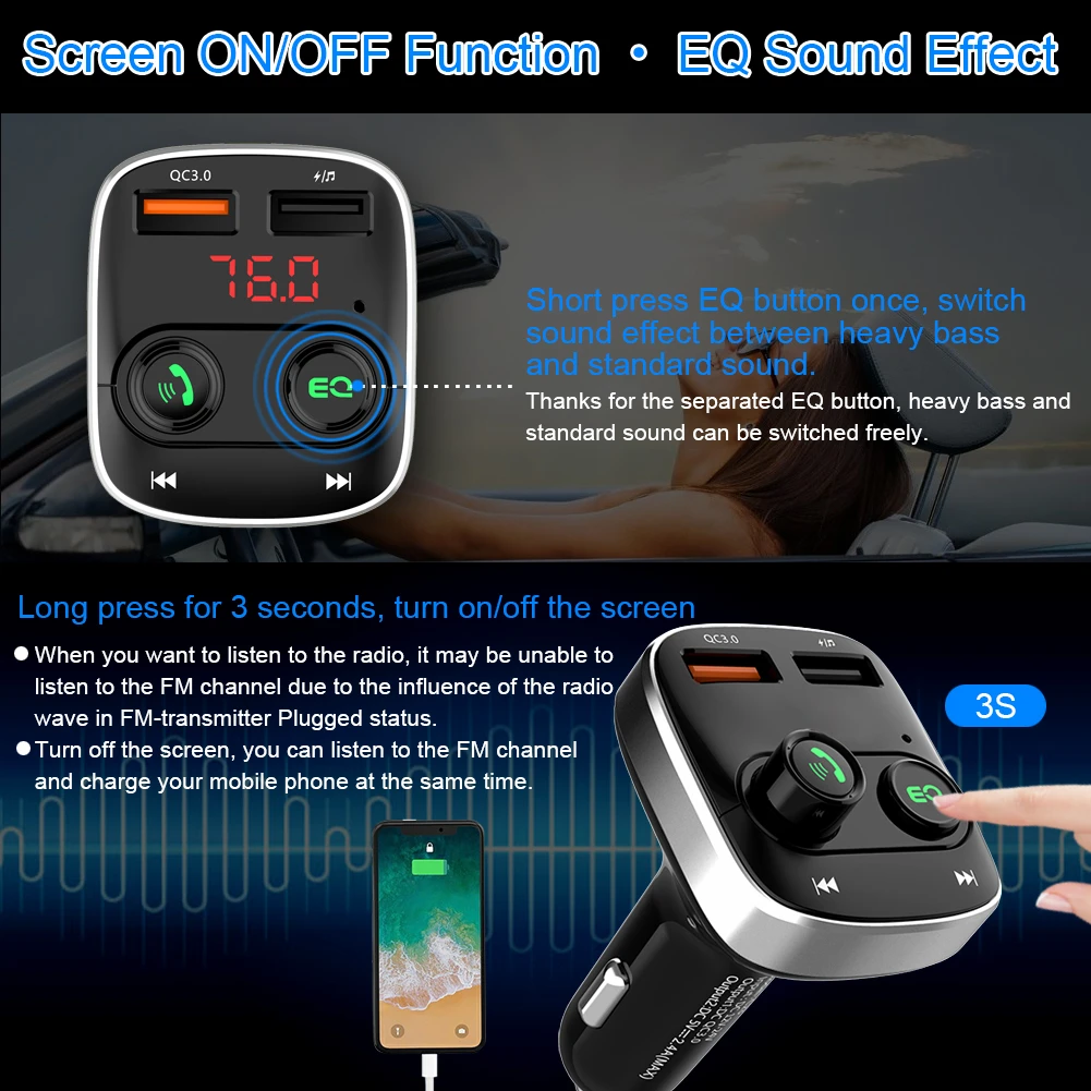 SRUIK Fm передатчик автомобильный комплект громкой связи беспроводной Bluetooth FM передатчики USB FM модулятор режим эквалайзера fm-передатчик Bluetooth Автомобильный