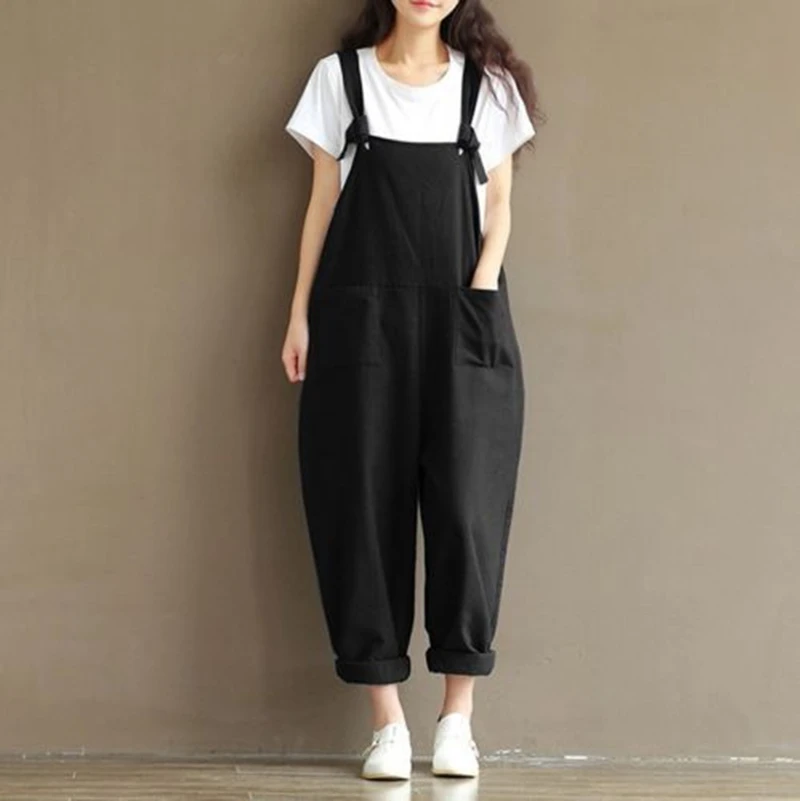 

Women fashion Casual Loose Cotton Jumpsuit pockets sleeveless backless Strap Harem Trousers solid Overalls