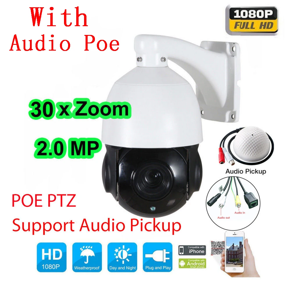 Скоростная купольная IP-камера POE PTZ 4 5 дюйма 30-кратный зум 1080P 2 МП с аудио |