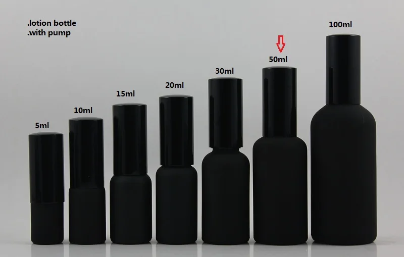 50pcs wholesale 50 ml black frost empty glass lotion pump bottle with black pump , 50ml balck cosmetic packaging for lotion