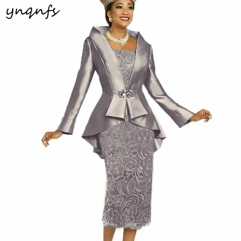 Серый YNQNFS pinktaffeta кружева Чай Длина комплект из двух предметов для матери невесты платье с жакетом вечерние свадебное платье M52 - Цвет: Серый