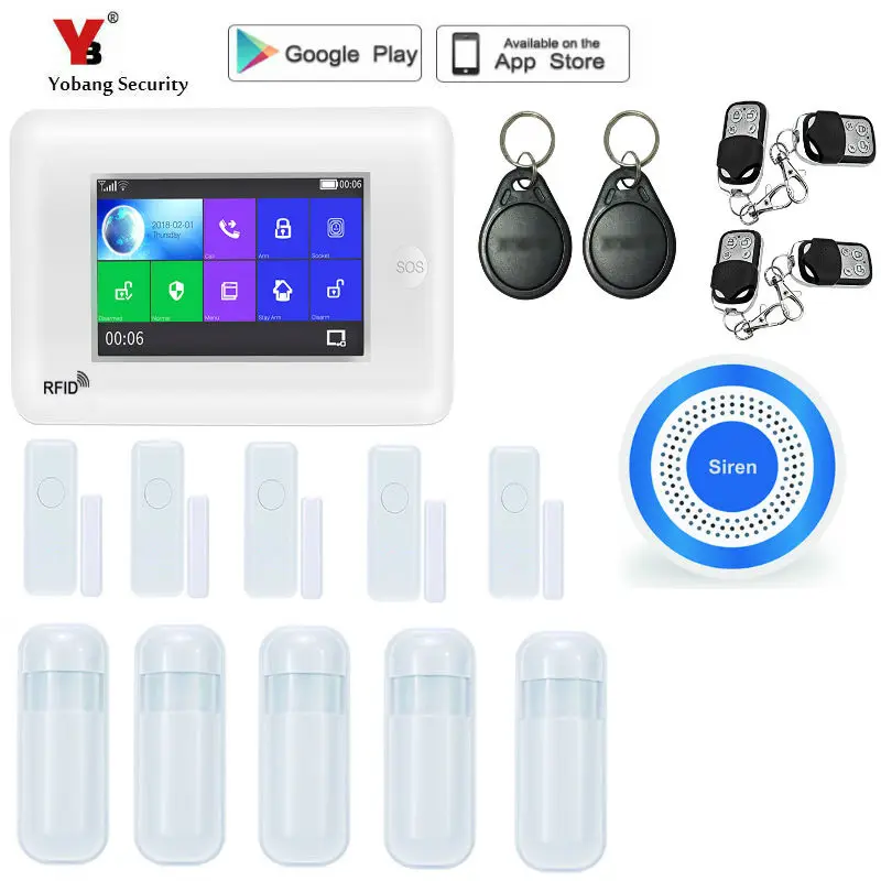 Yobang Security 4.3inch TFT LCD House Office Burglar Intruder WIFI Alarm System With Glass Break Sensor Android IOS APP Control |