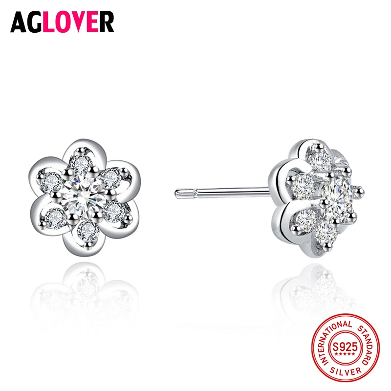 

AGLOVER Fine Nice Woman Stud Earrings Pure 925 Sterling Silver Exquisite Flower Inlaid Zircon Crystal Fashion Classic Jewelry