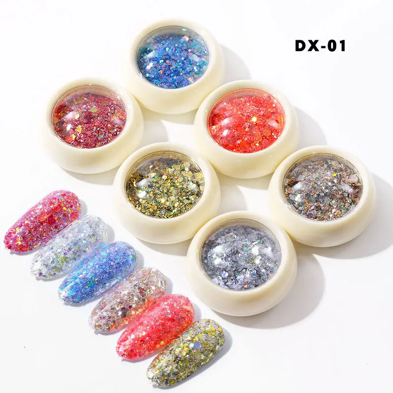 DX-01 1 Набор 6 коробок Необычные Блестки для лазерного маникюра DIY украшения для дизайна ногтей 3D Красочный Градиент Радуга Блестящий Порошок для ногтей - Цвет: DX-01