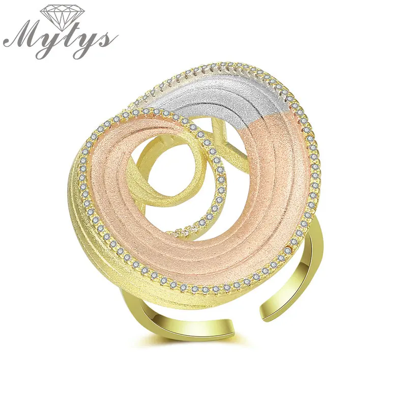 

Mytys Three Tone Gold Round Water Ripple Shape Rings for Women New Fashion Machine Matt Frosted Ring Open Cuff Adjustable R2050