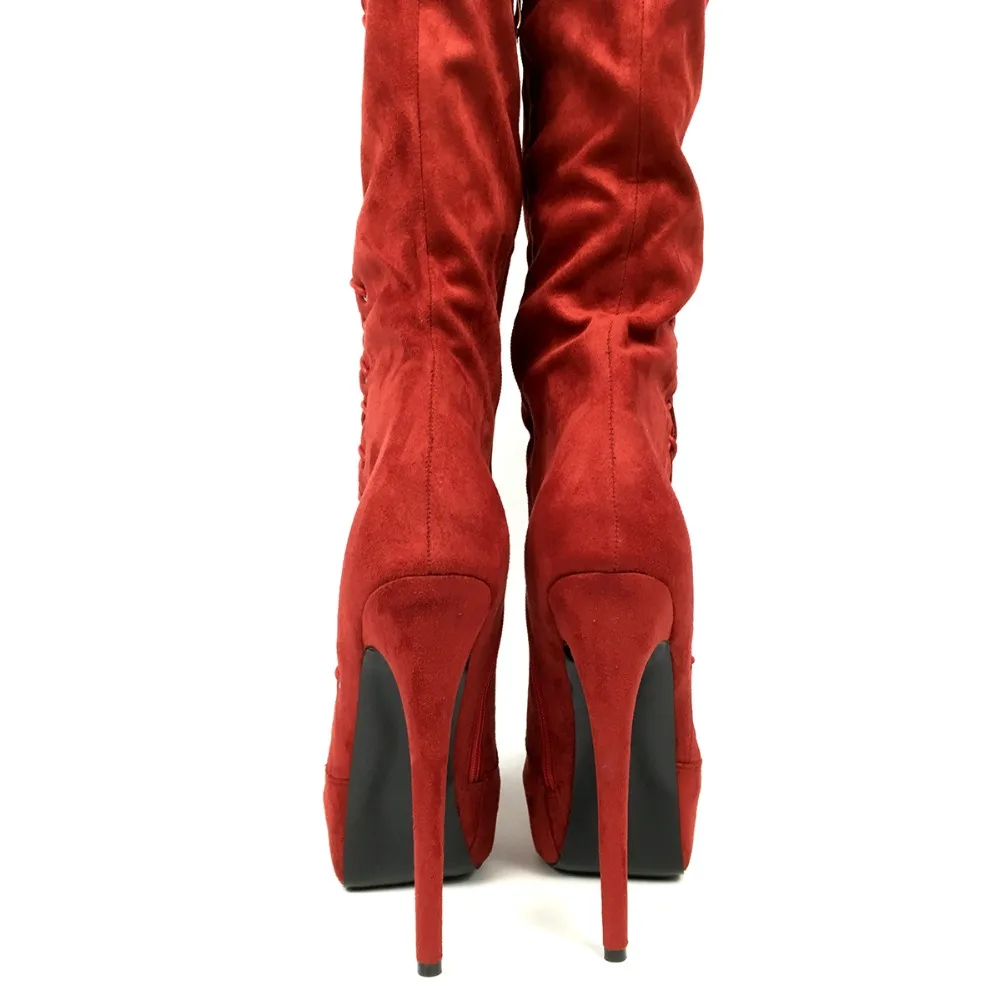 

Aiyoway Women Over Knee Boots Side Zip Lace Up Winter Sexy Ladies Round Toe Platform High Heel Party Dress Shoes Wine Red