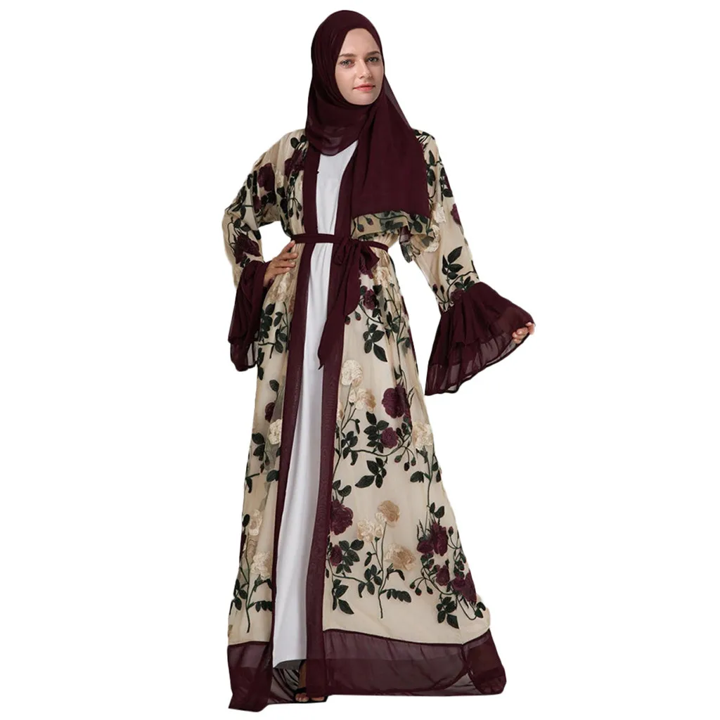 Мусульманская женская мода шифон с цветочным узором кружевное вышивкой открытым