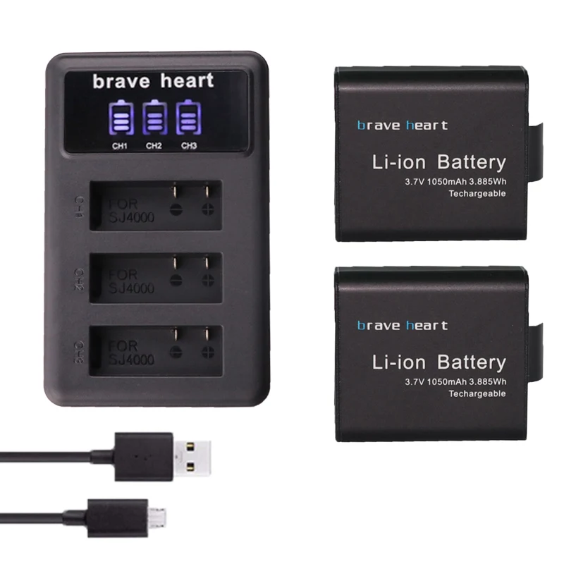 2battery and1charger 3,7 v 1050 mAh bateria SJ4000 Батарея SJ5000 SJ6000 Wi-Fi+ ЖК-дисплей 3 лота usb зарядное устройство для SJCAM SJ 4000 5000 6000 7000 8000 sj9000 M10 - Цвет: 2battery and1charger