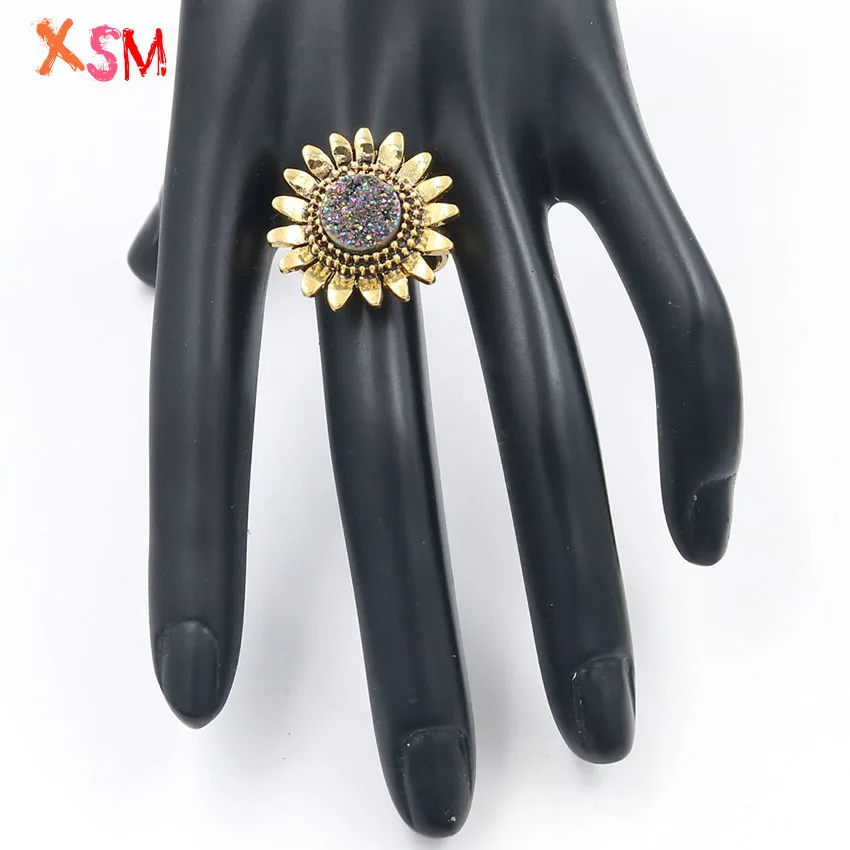 

xinshangmie Trendy Natural Color Aura Quartz Crystal Cluster Ring Chrysanthemum Adjustable Rings Women Fashion Jewelry Gift