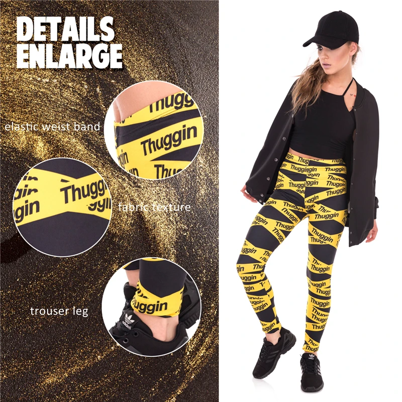 

Yellow Tape THUGGIN Print Women Leggings Fitness Breathable Perspiration Quick Drying Leggins High Elasticity Trouser Pants